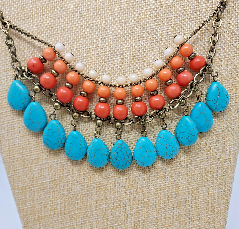 Faux Turquoise Coral Color Bead Bib Necklace Dangles Beach Resort Boho